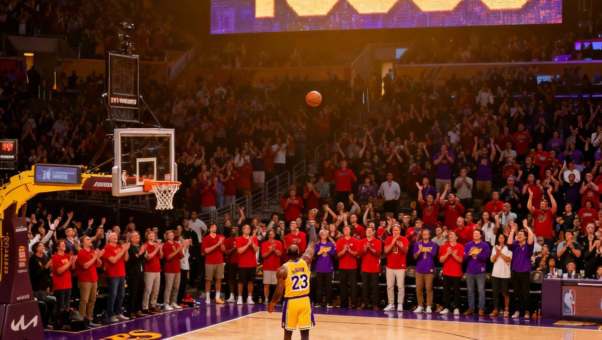NBA赛场上湖人队勒布朗·詹姆斯在罚球线完成历史性投篮达成40000分，全场观众起立鼓掌，大屏幕显示40000数字