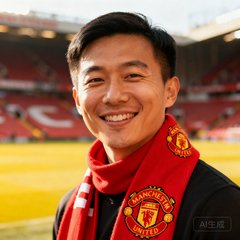 一位戴曼联球队围巾的男性球迷用户头像，面带微笑，背景为球场看台虚化效果